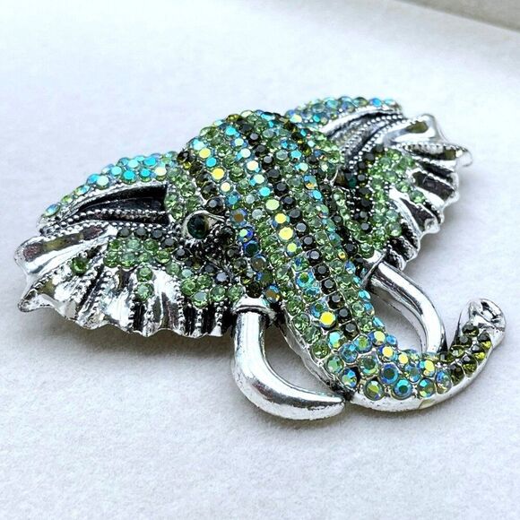 Silver with Emerald Peridot Green and AB Crystal Tusked Elephant Pin Back Brooch - Picture 7 of 10